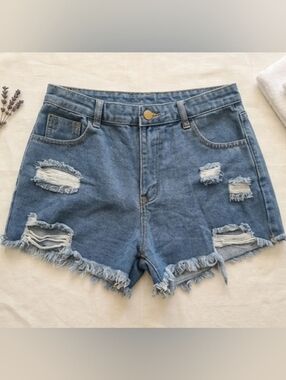 Shein Tall Waist Distressed Denim Shorts Light Wash Size L